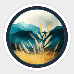 Rustic Golden Wheat Fields with Teal Blue Textured Mountains Sticker